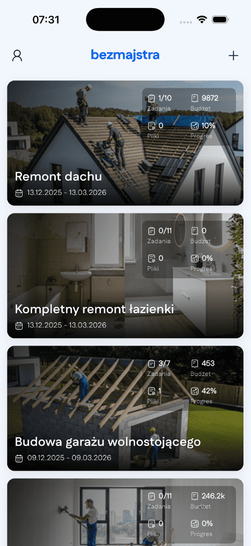 Widok aplikacji bezmajstra z zarządzaniem projektami budowlanymi