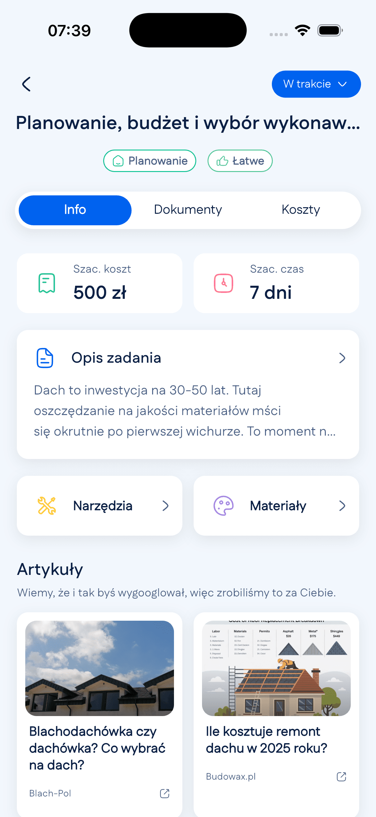 Widok szczegółów projektu w aplikacji bezmajstra